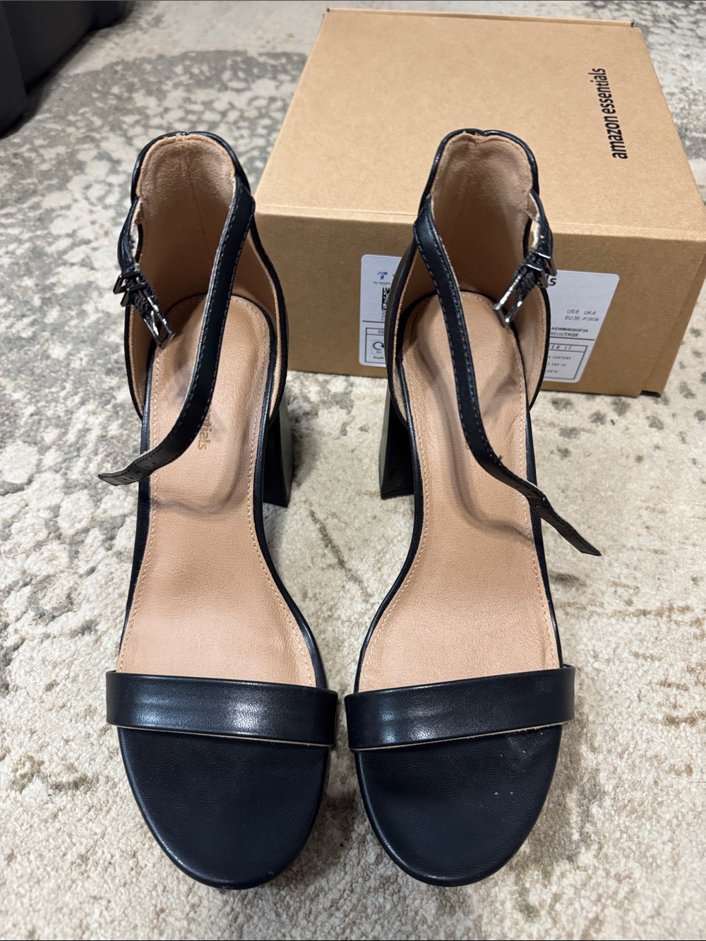 Amazon Essentials Black Open-Toe Ankle-Strap Block Heels size 8